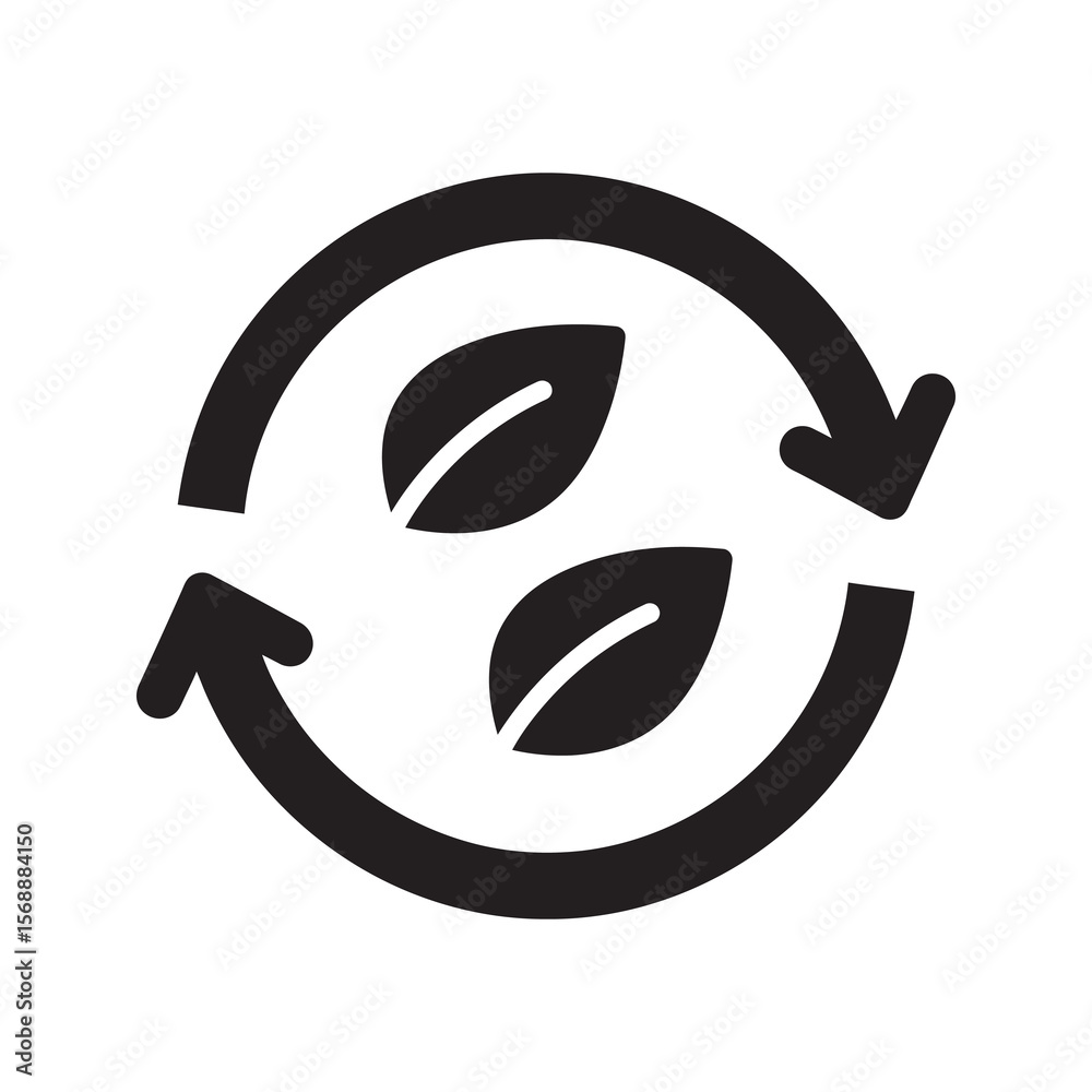 Fototapeta premium Natural recycling symbol with leaves representing a bio cycle for organic product and eco friendly sustainable material for environmental conservation vector solid glyph icon