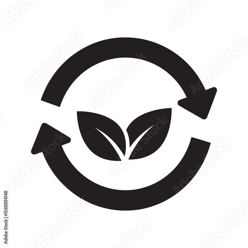 Eco friendly renewable cycle icon with two green leaves symbolizing natural product sustainability and environmental care for a bio circular economy vector solid glyph