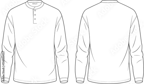 Men’s henley shirt fashion flat sketch, long sleeve top front and back view, vector apparel template for design use flat vector illustration