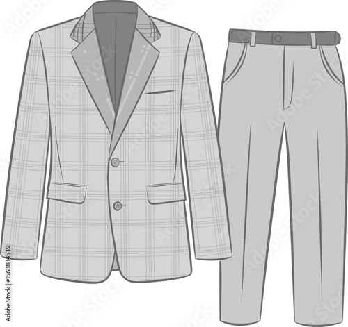 Flat technical sketch of men’s plaid blazer and trousers set, front view, fashion design template for formalwear and tailoring flat vector illustration
