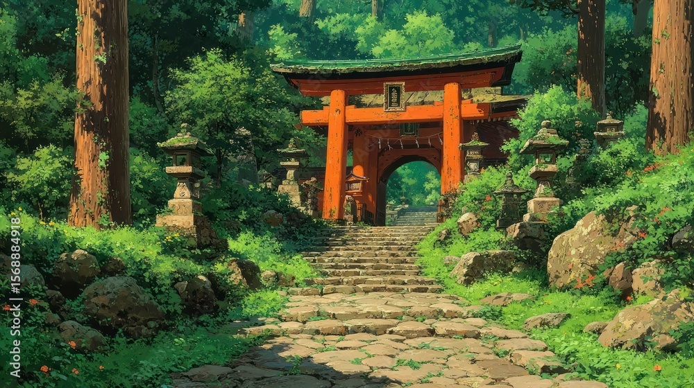 Naklejka premium An ancient stone pathway leads through a lush forest to a vibrant red Japanese shrine gate