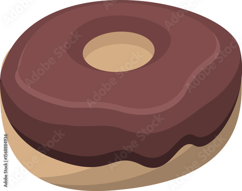 Isometric view of a chocolate frosted donut with a hole in the center on a white background image