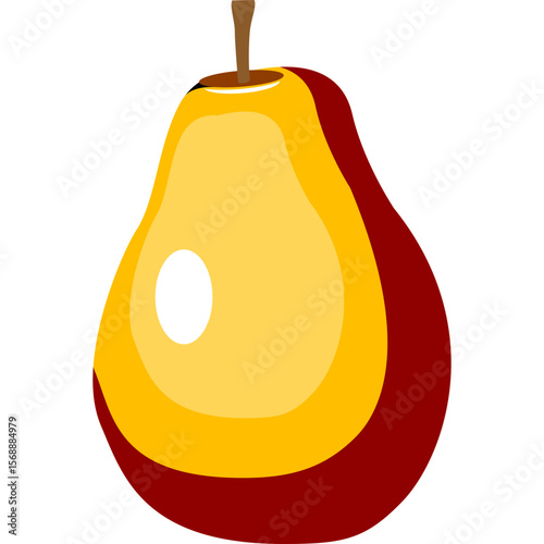Illustration of a pear with yellow and red colors and a brown stem on a white background view