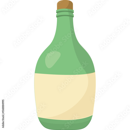Illustration of a green glass bottle with a cork stopper and a blank label on a white background