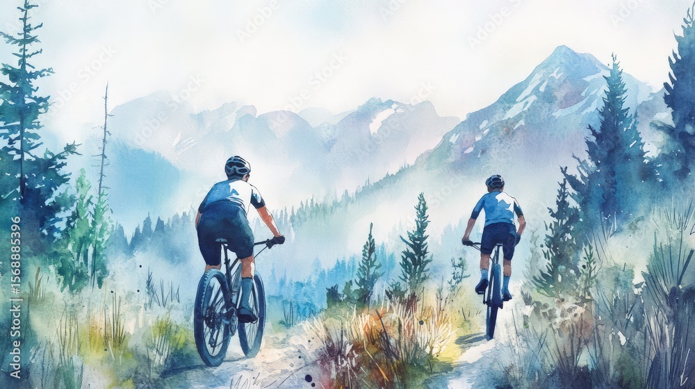 Fototapeta premium Two men are riding bikes on a trail