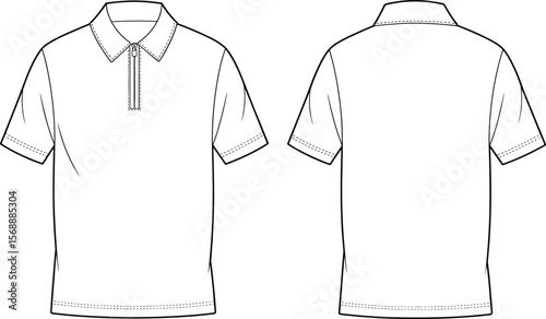 Technical fashion flat sketch of short sleeve polo shirt with zipper placket, collar detail, front and back view, apparel design flat vector illustration