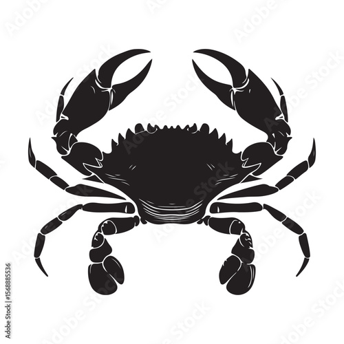 Sea crab silhouette isolated, Vector illustration, Black silhouette of a crab with detailed claws and shell, perfect for marine-themed designs
