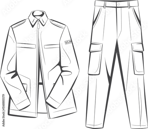Technical flat sketch of military uniform set with jacket and cargo pants, front view, patch pocket detail, U.S. Army style flat vector illustration