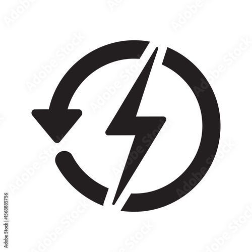 Renewable energy cycle icon with lightning bolt in a circular arrow representing sustainable power regeneration and a clean electricity loop vector solid glyph