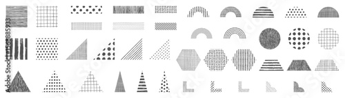 手描きパターンの幾何学図形セット。モノクロ、透過背景。