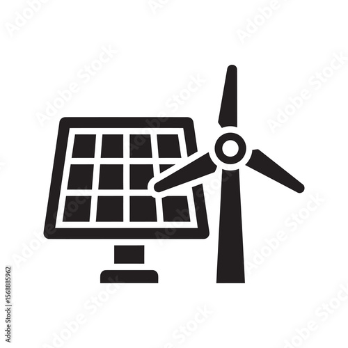 Hybrid energy generation icon showing a solar panel and wind turbine as a combined system for producing sustainable and renewable electricity vector solid glyph