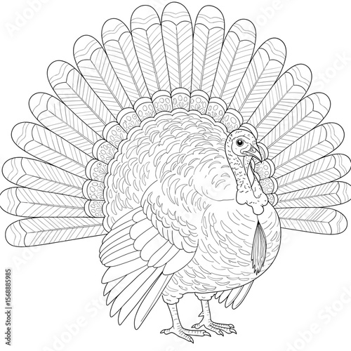 A detailed turkey stands with its tail feathers beautifully spread, showing intricate patterns and textures, drawn in black-and-white line art.