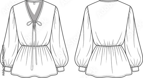 Women's blouse technical flat sketch with puff sleeves, tied neckline, fashion design vector, front and back view clothing template flat vector illustration