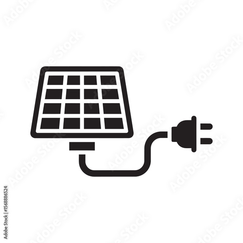 Solar panel plug in icon with electrical cord representing a connection to a renewable energy source for sustainable green power supply vector solid glyph