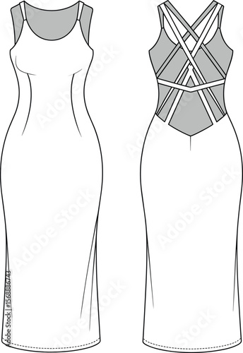 Women's bodycon dress fashion flat sketch, technical design drawing with strappy back detail, template for sewing, apparel, illustration, clothing. flat vector illustration