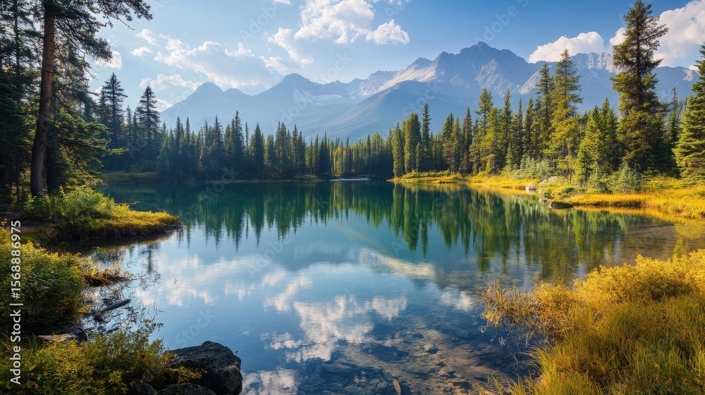 Fototapeta premium A tranquil mountain lake with calm waters reflecting the clear blue sky and a distant mountain range.