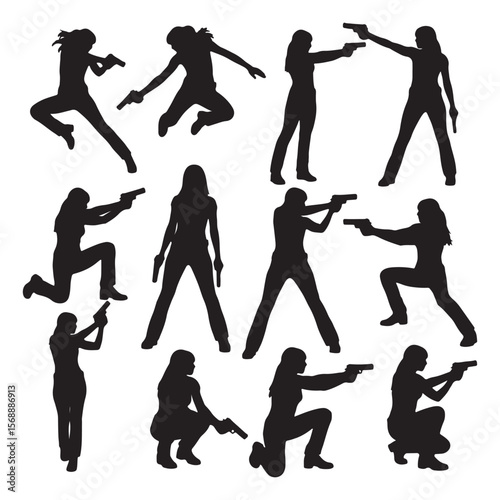 Silhouettes of women in action poses holding firearms vector