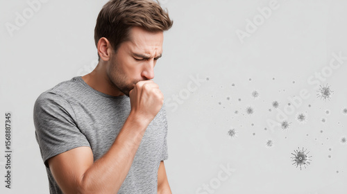 A man coughing, releasing bacteria into the air, illustrating germs, infection risk, hygiene concept, health awareness, virus spread, sick person, airborne disease, medical theme.