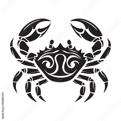 Sea crab silhouette isolated, Vector illustration, Black silhouette of a crab with detailed claws and shell, perfect for marine-themed designs
