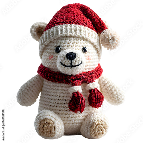 Crochet polar bear ornament wearing Santa hat, white plush with red accessories, holiday tree decor, isolated transparent background with minimal design
