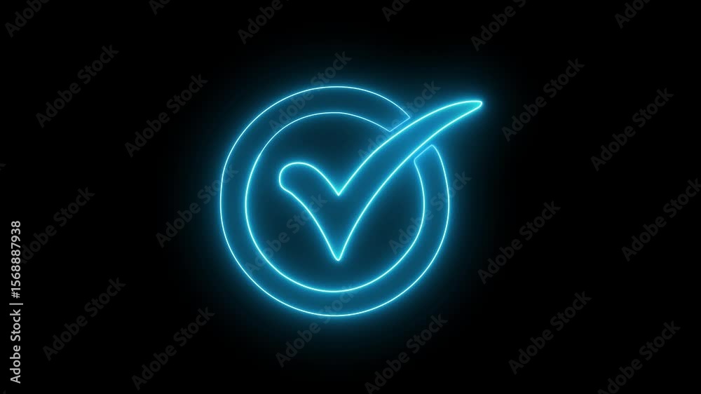 Glowing Yes 4k animation, blue check mark neon icon. Success symbol accepted and approve icon. black background. Glowing Yes 4k animation, blue check mark neon icon. Success symbol accepted and approve icon. black background.