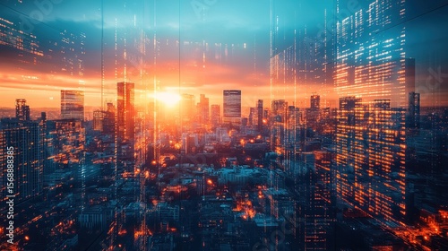 A futuristic financial district where AI-powered advisors manage industrial investments