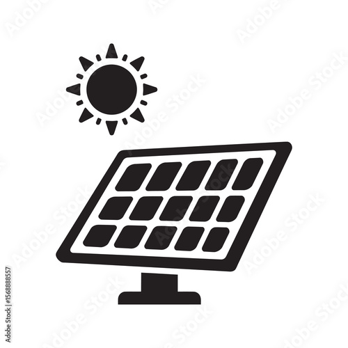 Tilted solar panel icon with sun representing optimal angle for photovoltaic cell sunlight absorption and efficient renewable energy generation vector solid glyph