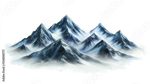 Dramatic Snow-Covered Mountains with Isolated Peaks on White Background