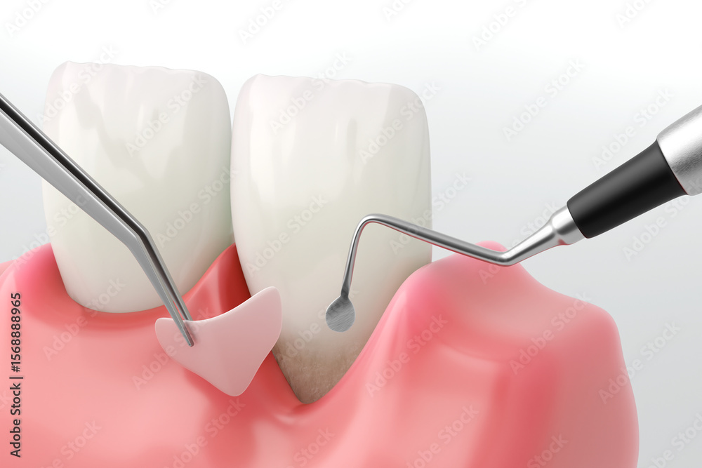 Fototapeta premium Periodontitis Treatment: A Close-up of Gum Graft Surgery. 3D Illustration.