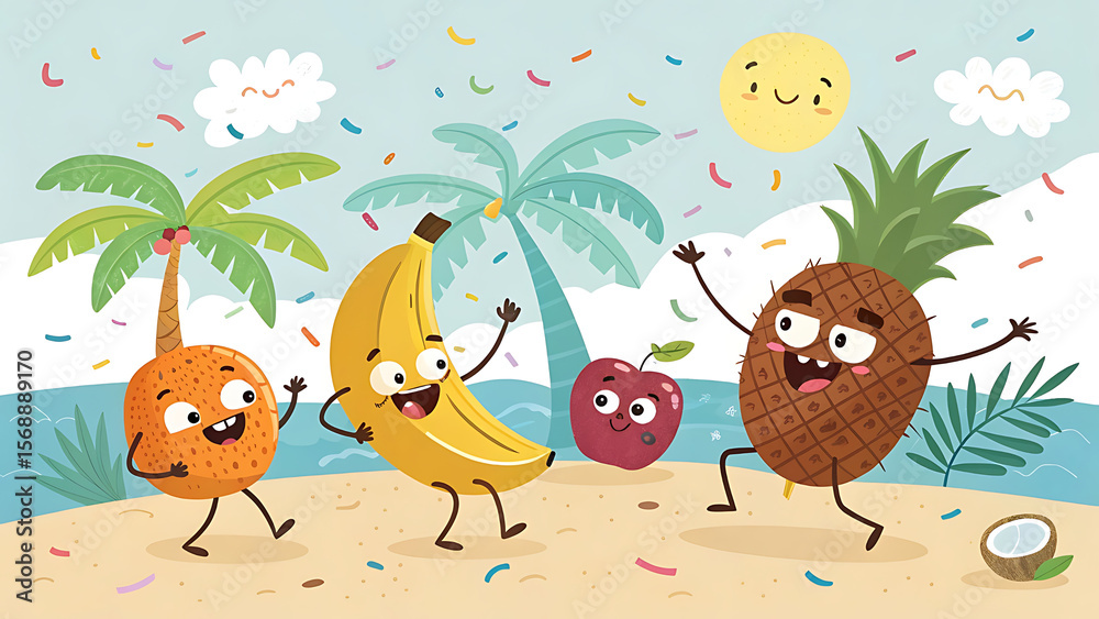 Obraz premium Laughing Fruit Characters at a Tropical Party