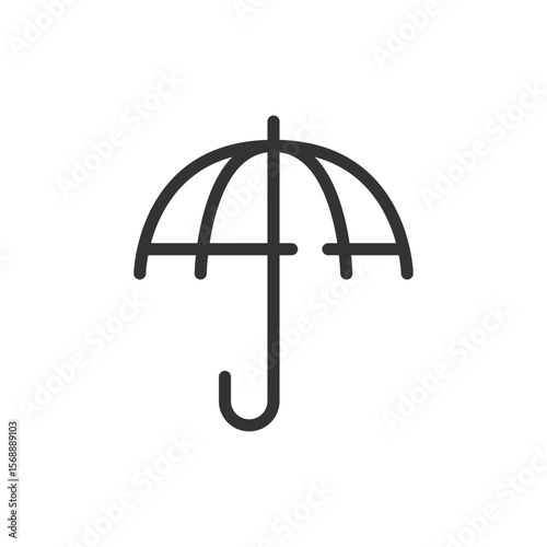 Simple line drawing of a closed umbrella with a curved handle and a rounded canopy shape design icon