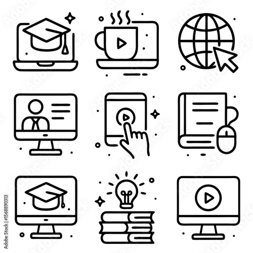 Educational online course with nine online learning icons suitable for digital education material and elearning websites and platforms.