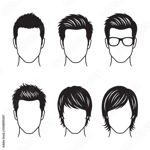 Six Black and White Male Hairstyle Silhouettes Faceless Men's Hair Designs Various Cuts Short Medium Long Hair Illustrations