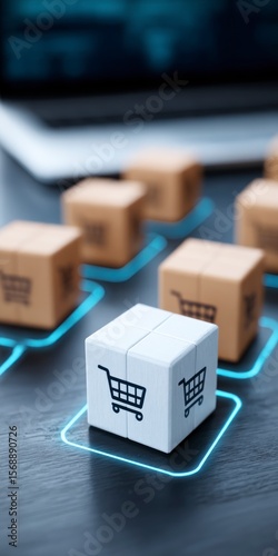 Cardboard boxes with shopping cart icons on a dark surface with glowing blue lines connected to a laptop