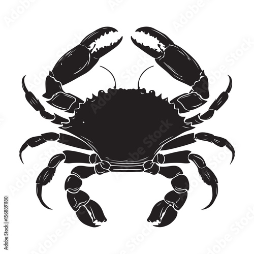 Sea crab silhouette isolated, Vector illustration, Black silhouette of a crab with detailed claws and shell, perfect for marine-themed designs