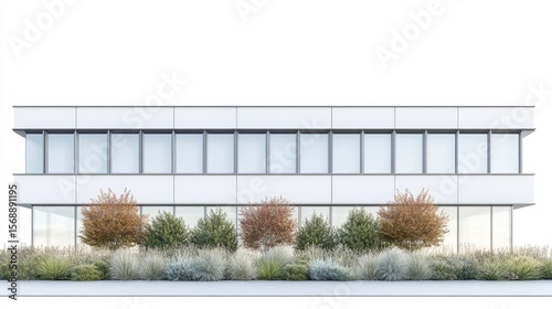 Modern Office Building Design with Greenery on White Background