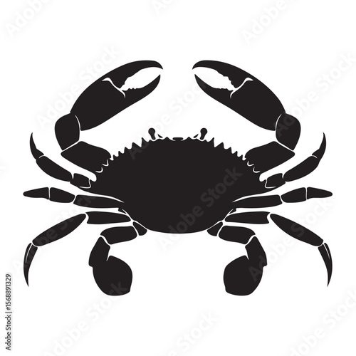 Sea crab silhouette isolated, Vector illustration, Black silhouette of a crab with detailed claws and shell, perfect for marine-themed designs