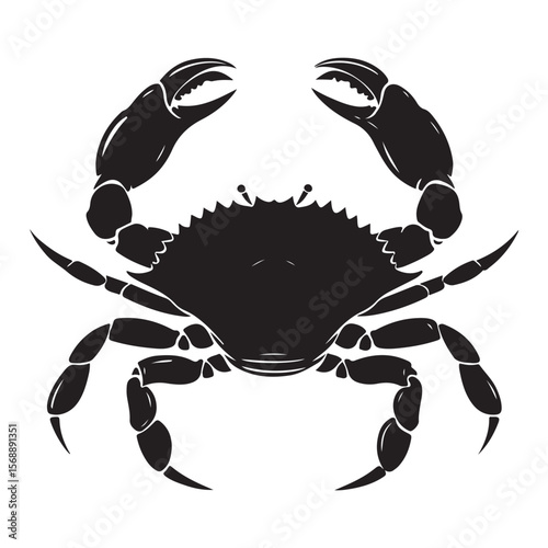 Sea crab silhouette isolated, Vector illustration, Black silhouette of a crab with detailed claws and shell, perfect for marine-themed designs