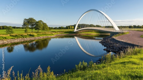Stunning Steel Bridge Crossing Over Serene River Under Clear Sky