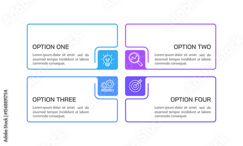 Infographic frame with four steps or options. Presentation, Process, Strategy and Planning.