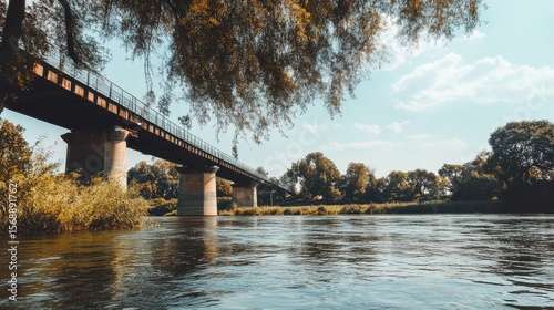 Isolated Steel Bridge Over Wide River on White Background Landscape