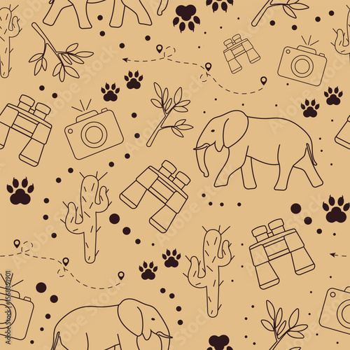 Seamless vector safari travel pattern with elephants, cameras, cacti, and footprints. Perfect for kids’ products, packaging, fabric, or adventure-themed designs. Easy to scale and edit.