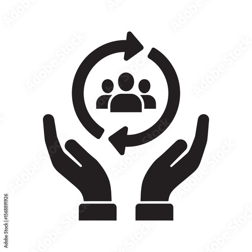 Human resource management icon with hands and a team in a cycle representing HR services employee lifecycle and personnel administration vector solid glyph