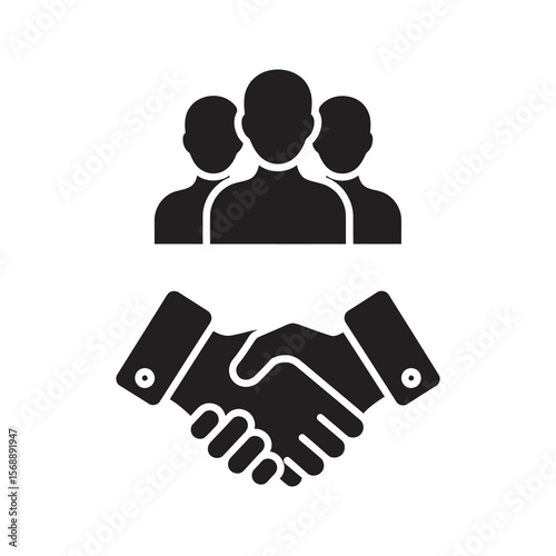 Business partnership icon with handshake and team symbol representing corporate agreement collaboration and successful teamwork deal for project management vector solid glyph