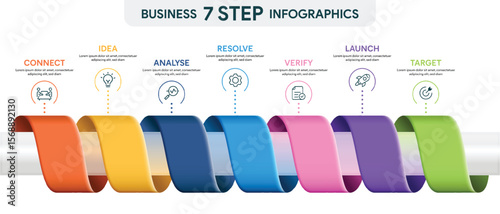 7 Step Ribbon Roll Infographic. 3D Vector Illustration For Business Financial Report.