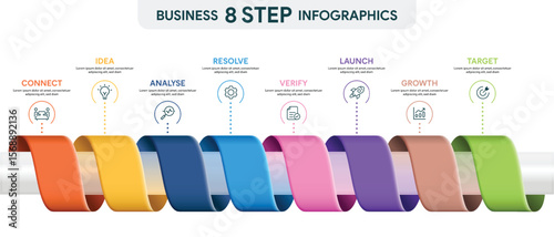 8 Step Ribbon Roll Infographic. 3D Vector Illustration For Business Financial Report.