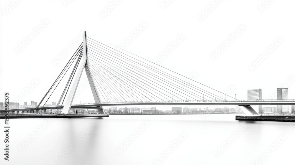 Fototapeta premium Modern Steel Bridge with Long Cables Across a River Isolated Background