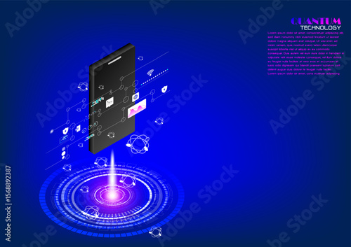 Quantum technology concept to analyze basic daily life data in the most efficient way.sometric illustration with visual interface for gobal network
