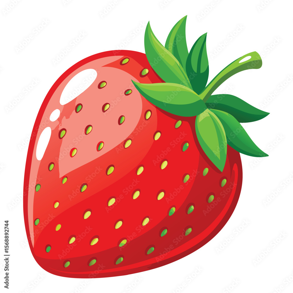 Obraz premium A perfectly ripe red strawberry glistening with water droplets, symbolizing fresh food, a sweet fruit, and summer.