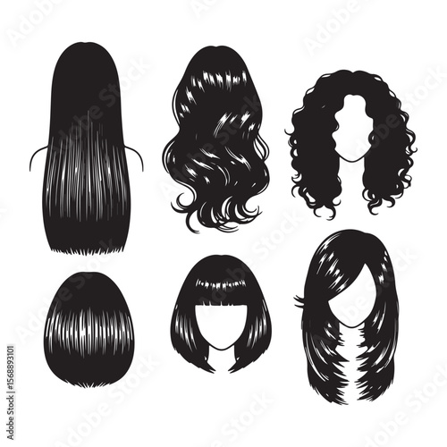 Six Black Hairstyle Silhouettes Straight Wavy Curly Bob Long Layered Hair Designs Female Fashion Beauty Salon Graphic Illustrations